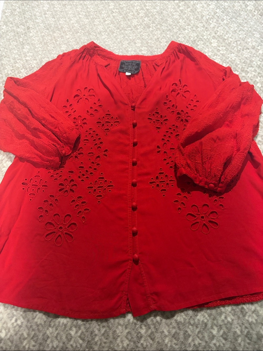 Johnny Was Red Eyelet Button-Front Boho Blouse